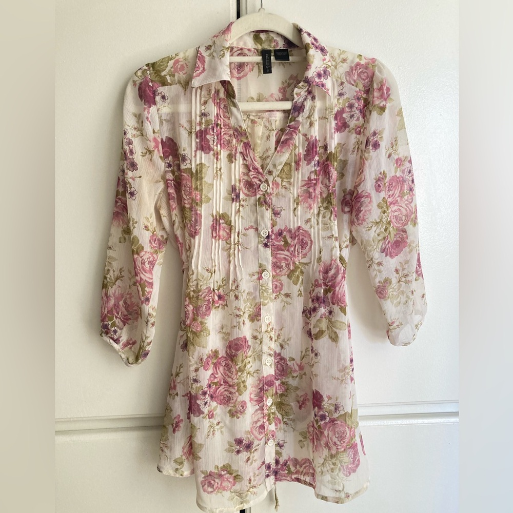 Full Tilt Long-sleeved printed loose-fitting Blouse tie closure button down S